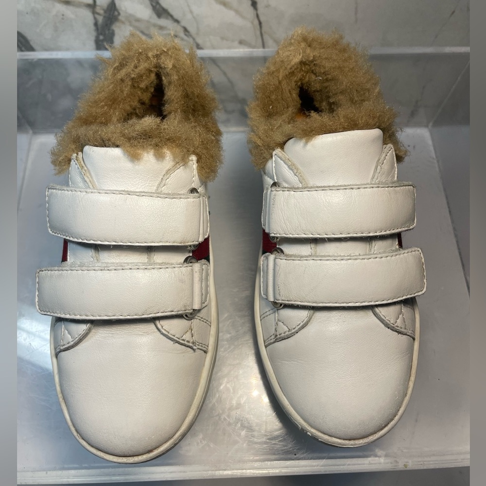 GUCCI Youth sz 14 INCHES 7 ace fur lined White leather snearker made in italy - Picture 6 of 16